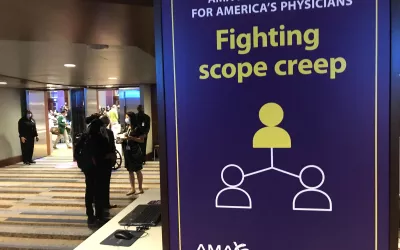 Fighting scope creep was among the posters in the common area outside the AMA House of Delegates meeting hall that note some of the key policies of the American Medical Association. There were a few resolutions at the HOB addressed this, to ensure qualified physicians remain in control of healthcare and oversight of departments and patient care, rather than nurses, physician assistants, and other clinicians who not not have the same level of training as physicians. #AMA #AMA22 #AMA2022 #AMA175 #AMAmtg